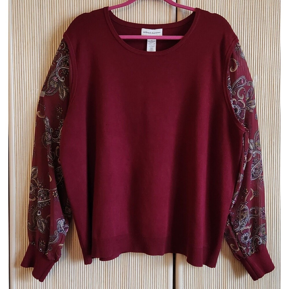 Alfred Dunner Women's Sweater Size 2X Red Knit Pullover Sheer Fabric Sleeves EUC
